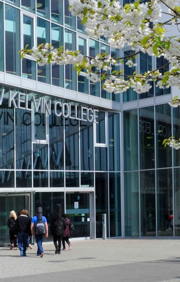 Front view of Glasgow Kelvin College Springburn Campus, featuring the main entrance, glass façade, and campus signage. Front view of Glasgow Kelvin College Springburn Campus, featuring the main entrance, glass façade, and campus signage.